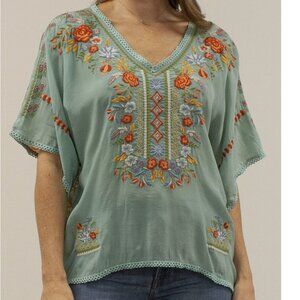 Karyn Seo Top Blouse Small Blue Multicolor Embroidered Sheer Boho Cottagecore